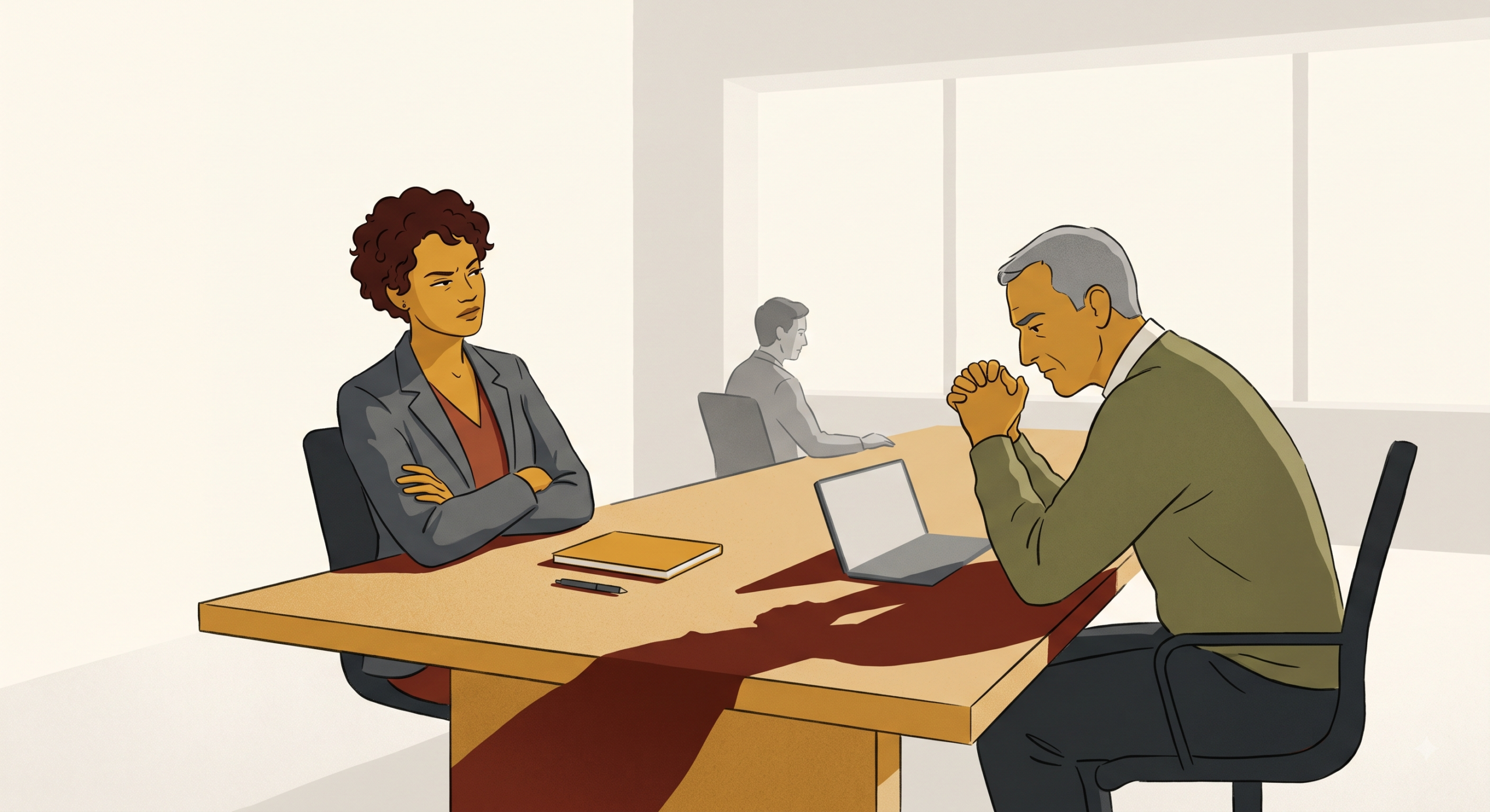 Reunión de trabajo con lenguaje corporal ambiguo entre dos personas